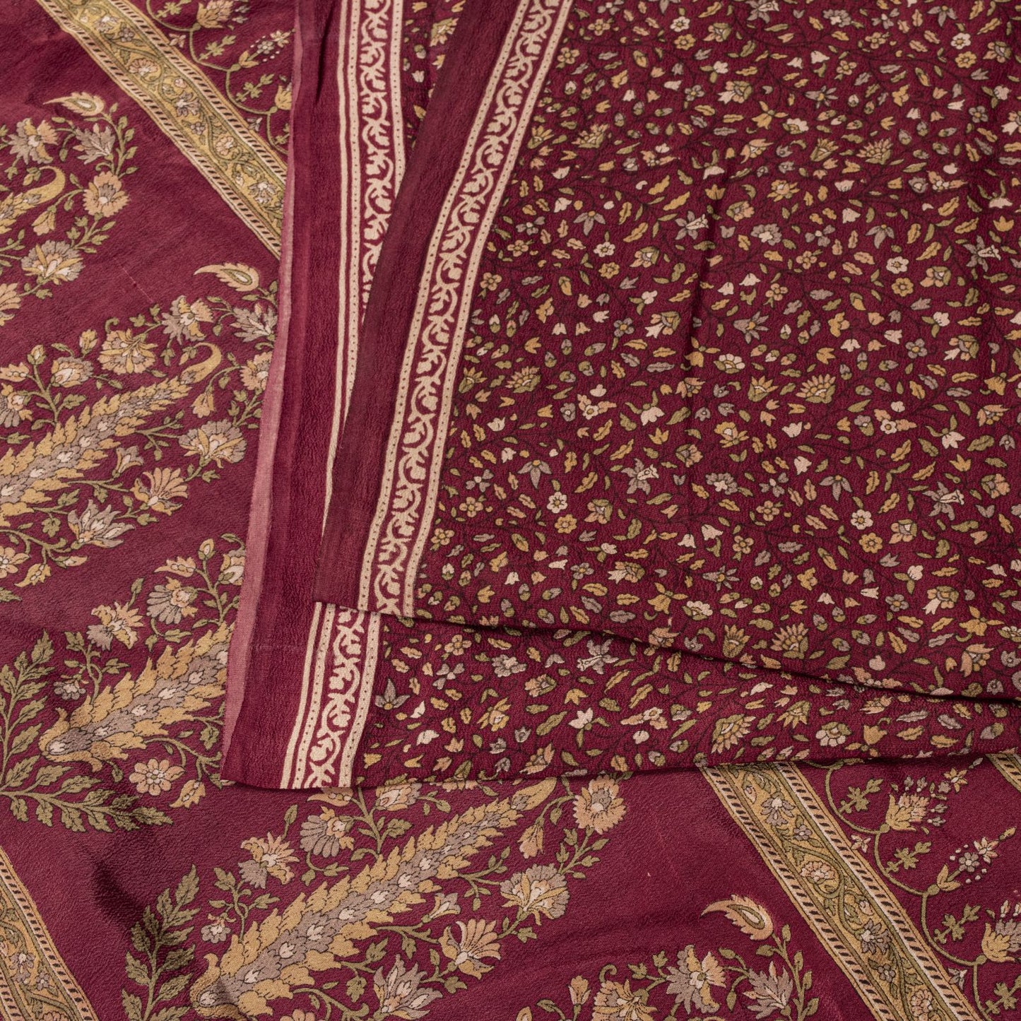 Sanskriti Vintage Saree Red Pure Crepe Floral Printed Sari 6.5+Yd Craft Fabric