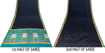 Sanskriti Vintage Saree Blue Pure Crepe Block Printed Sari 5.5+Yd Craft Fabric