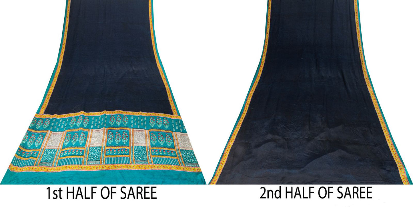 Sanskriti Vintage Saree Blue Pure Crepe Block Printed Sari 5.5+Yd Craft Fabric