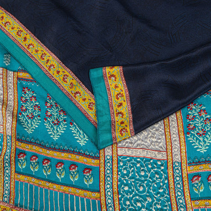 Sanskriti Vintage Saree Blue Pure Crepe Block Printed Sari 5.5+Yd Craft Fabric