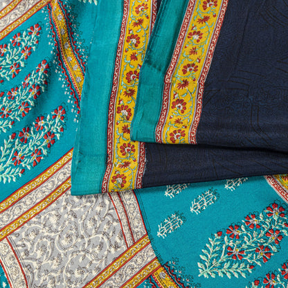 Sanskriti Vintage Saree Blue Pure Crepe Block Printed Sari 5.5+Yd Craft Fabric