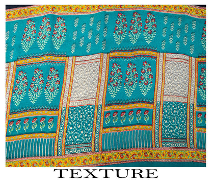 Sanskriti Vintage Saree Blue Pure Crepe Block Printed Sari 5.5+Yd Craft Fabric