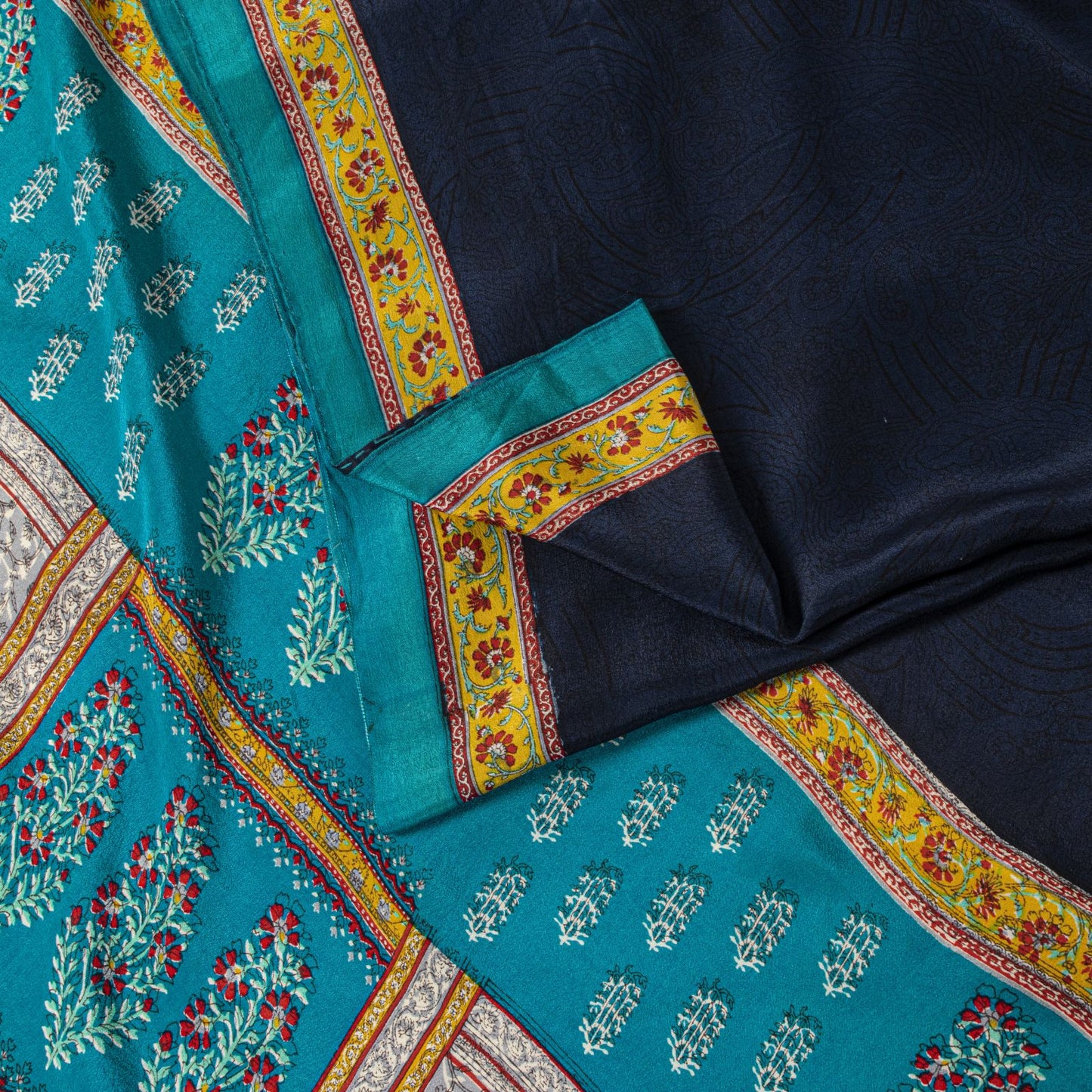 Sanskriti Vintage Saree Blue Pure Crepe Block Printed Sari 5.5+Yd Craft Fabric