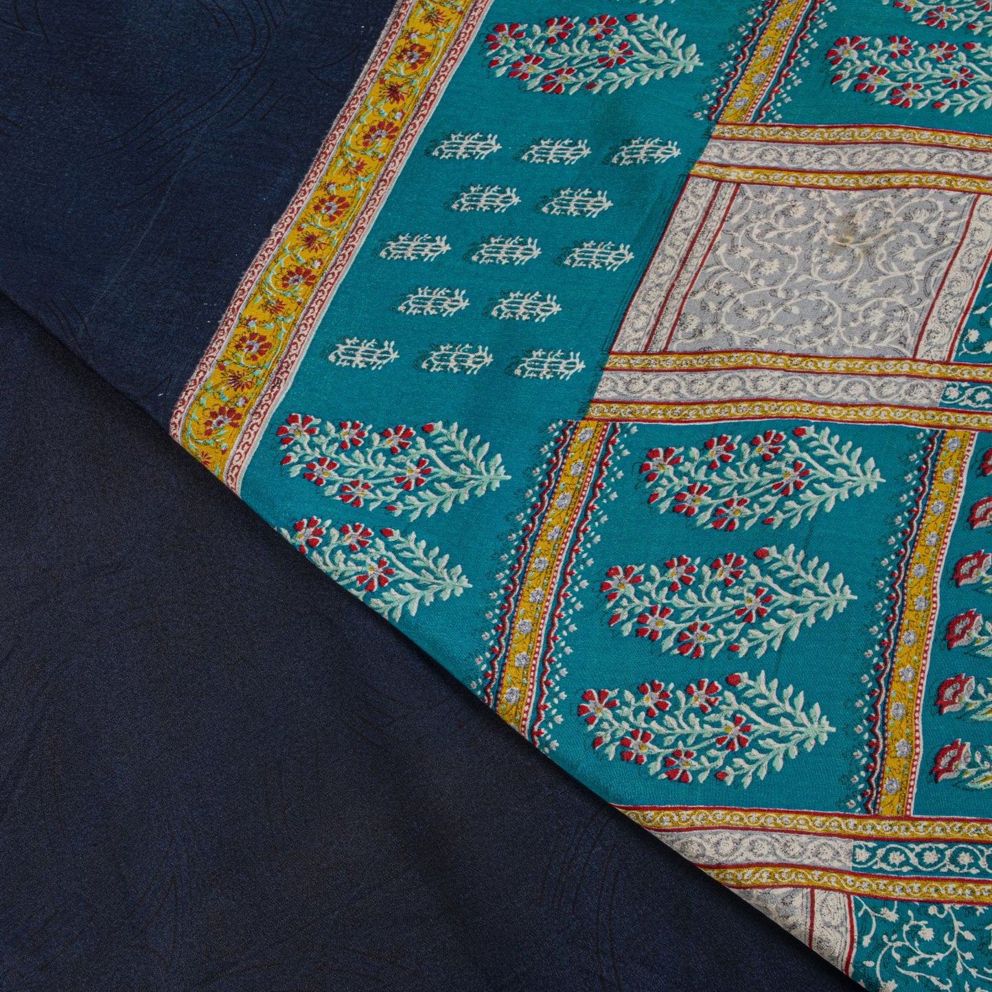 Sanskriti Vintage Saree Blue Pure Crepe Block Printed Sari 5.5+Yd Craft Fabric