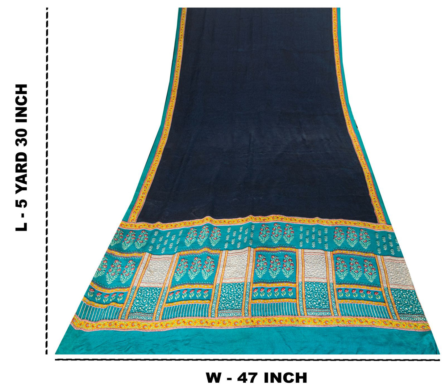 Sanskriti Vintage Saree Blue Pure Crepe Block Printed Sari 5.5+Yd Craft Fabric