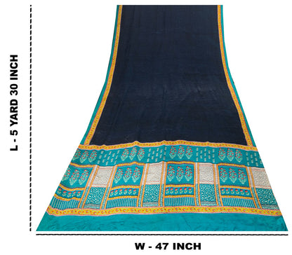 Sanskriti Vintage Saree Blue Pure Crepe Block Printed Sari 5.5+Yd Craft Fabric