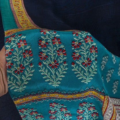 Sanskriti Vintage Saree Blue Pure Crepe Block Printed Sari 5.5+Yd Craft Fabric