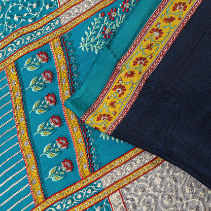 Sanskriti Vintage Saree Blue Pure Crepe Block Printed Sari 5.5+Yd Craft Fabric