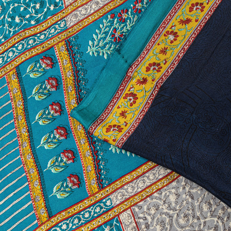 Sanskriti Vintage Saree Blue Pure Crepe Block Printed Sari 5.5+Yd Craft Fabric