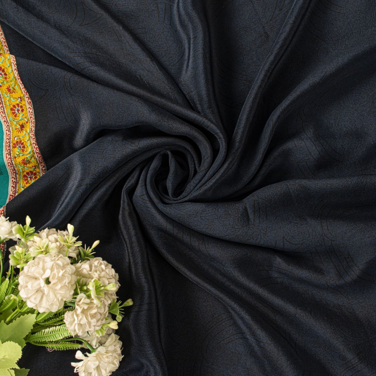 Sanskriti Vintage Saree Blue Pure Crepe Block Printed Sari 5.5+Yd Craft Fabric