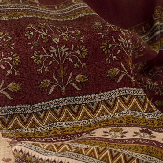 Sanskriti Vintage Saree Beige-Red Pure Crepe Floral Printed Sari 5.5+Yd Fabric
