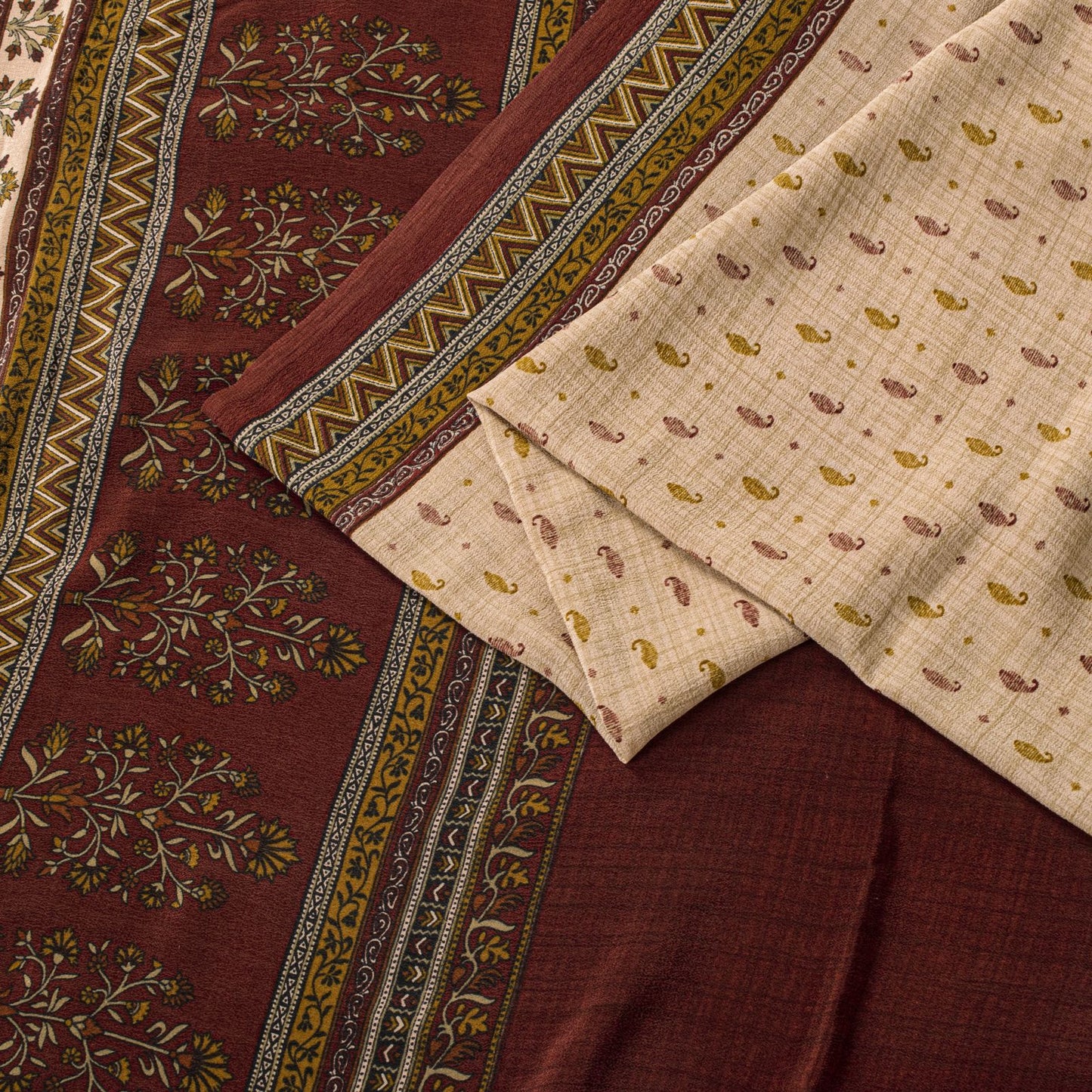 Sanskriti Vintage Saree Beige-Red Pure Crepe Floral Printed Sari 5.5+Yd Fabric