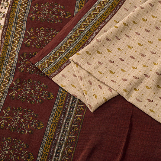 Sanskriti Vintage Saree Beige-Red Pure Crepe Floral Printed Sari 5.5+Yd Fabric