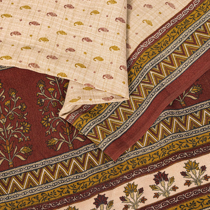 Sanskriti Vintage Saree Beige-Red Pure Crepe Floral Printed Sari 5.5+Yd Fabric