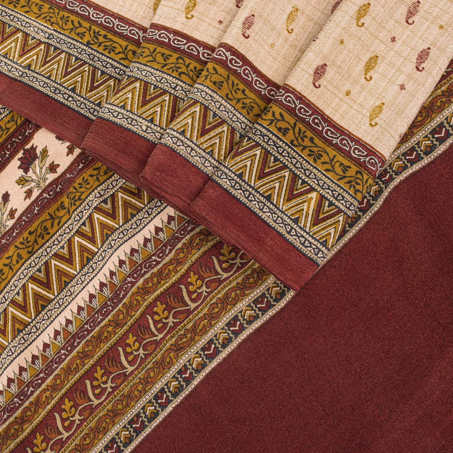 Sanskriti Vintage Saree Beige-Red Pure Crepe Floral Printed Sari 5.5+Yd Fabric