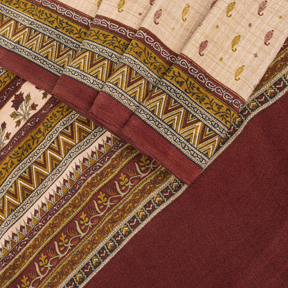 Sanskriti Vintage Saree Beige-Red Pure Crepe Floral Printed Sari 5.5+Yd Fabric