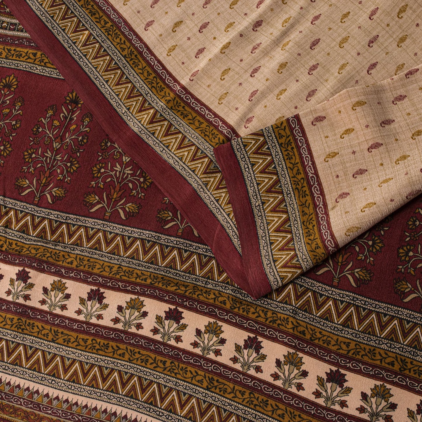 Sanskriti Vintage Saree Beige-Red Pure Crepe Floral Printed Sari 5.5+Yd Fabric