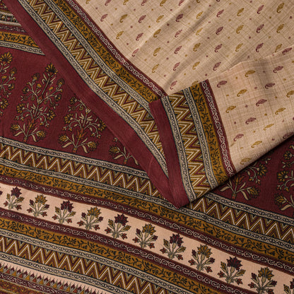 Sanskriti Vintage Saree Beige-Red Pure Crepe Floral Printed Sari 5.5+Yd Fabric
