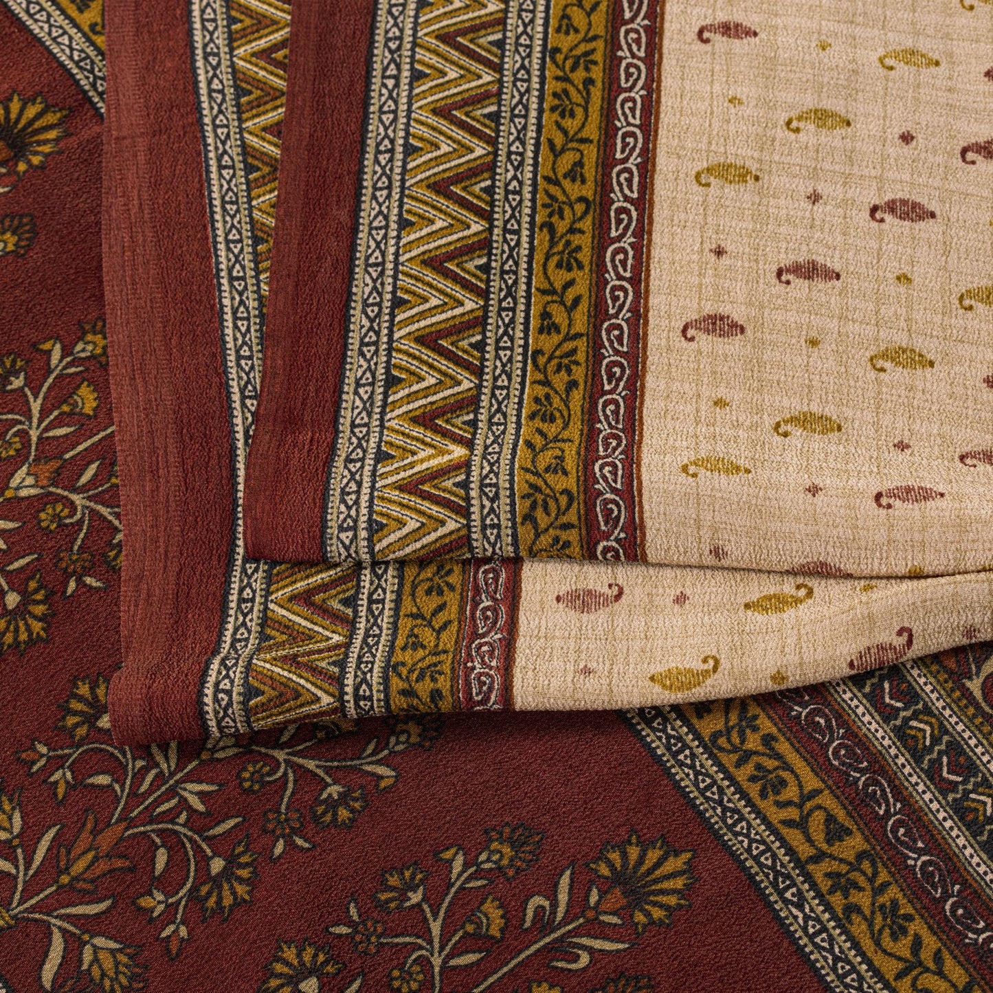 Sanskriti Vintage Saree Beige-Red Pure Crepe Floral Printed Sari 5.5+Yd Fabric