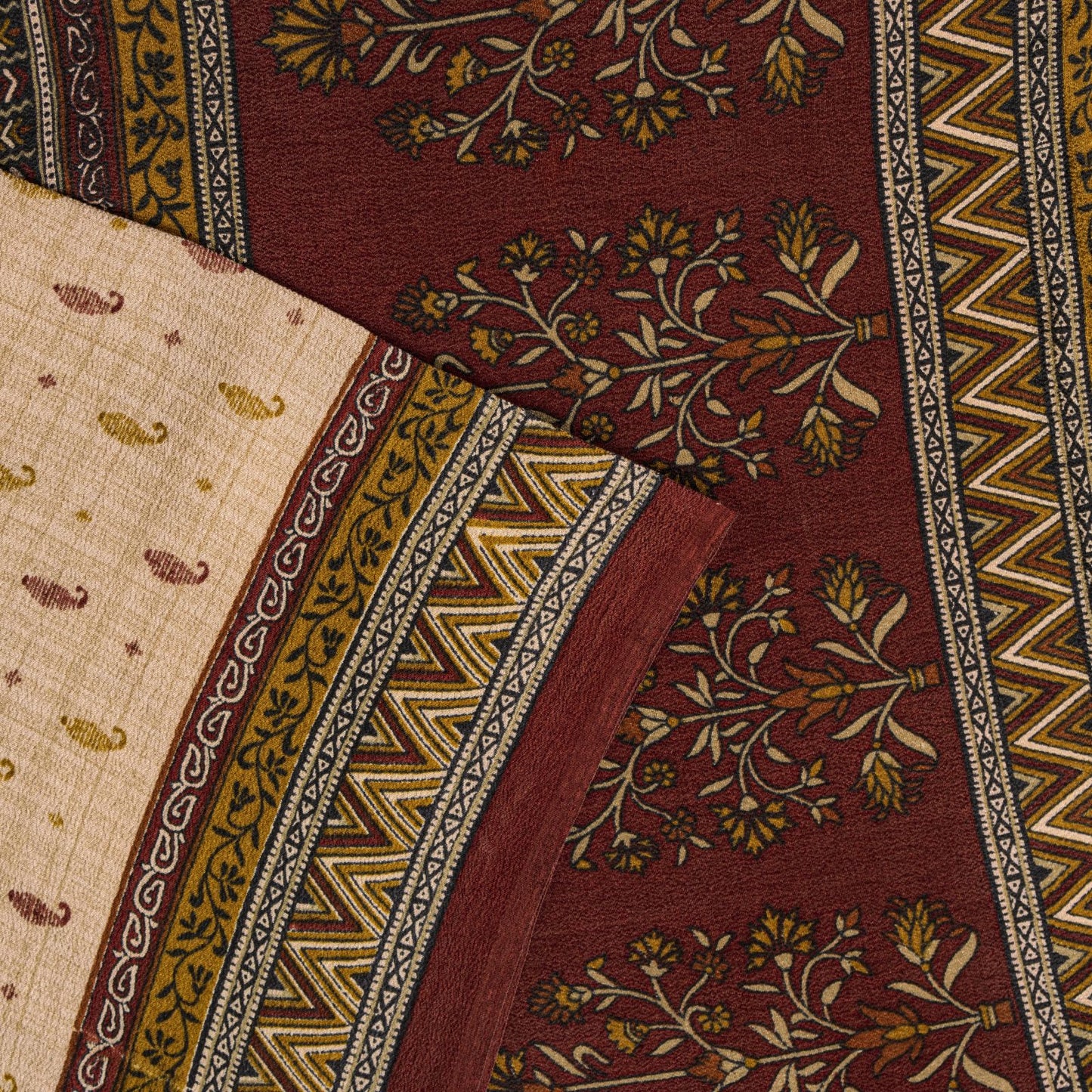Sanskriti Vintage Saree Beige-Red Pure Crepe Floral Printed Sari 5.5+Yd Fabric
