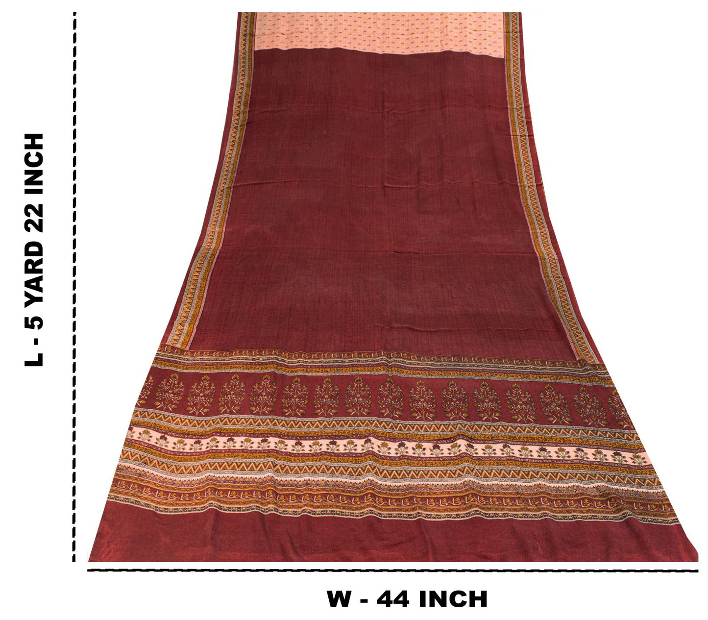 Sanskriti Vintage Saree Beige-Red Pure Crepe Floral Printed Sari 5.5+Yd Fabric