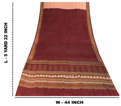 Sanskriti Vintage Saree Beige-Red Pure Crepe Floral Printed Sari 5.5+Yd Fabric
