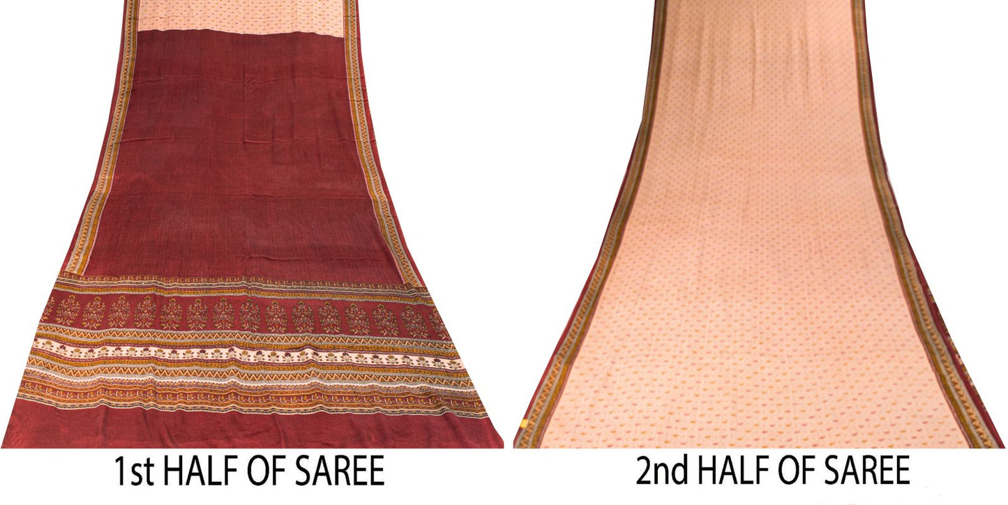 Sanskriti Vintage Saree Beige-Red Pure Crepe Floral Printed Sari 5.5+Yd Fabric