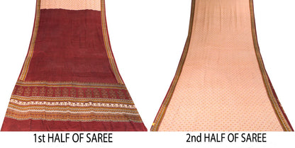 Sanskriti Vintage Saree Beige-Red Pure Crepe Floral Printed Sari 5.5+Yd Fabric