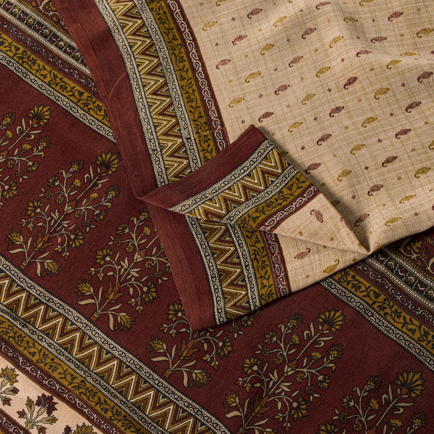 Sanskriti Vintage Saree Beige-Red Pure Crepe Floral Printed Sari 5.5+Yd Fabric