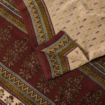Sanskriti Vintage Saree Beige-Red Pure Crepe Floral Printed Sari 5.5+Yd Fabric