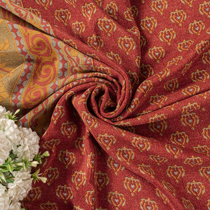 Sanskriti Vintage Saree Red Pure Crepe Floral Printed Sari 5.5+Yd Craft Fabric