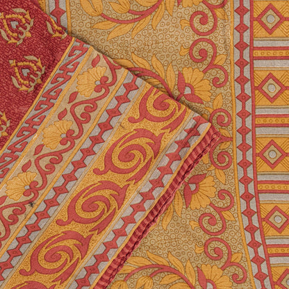 Sanskriti Vintage Saree Red Pure Crepe Floral Printed Sari 5.5+Yd Craft Fabric