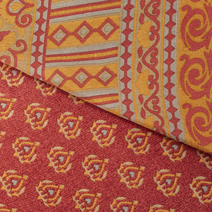 Sanskriti Vintage Saree Red Pure Crepe Floral Printed Sari 5.5+Yd Craft Fabric