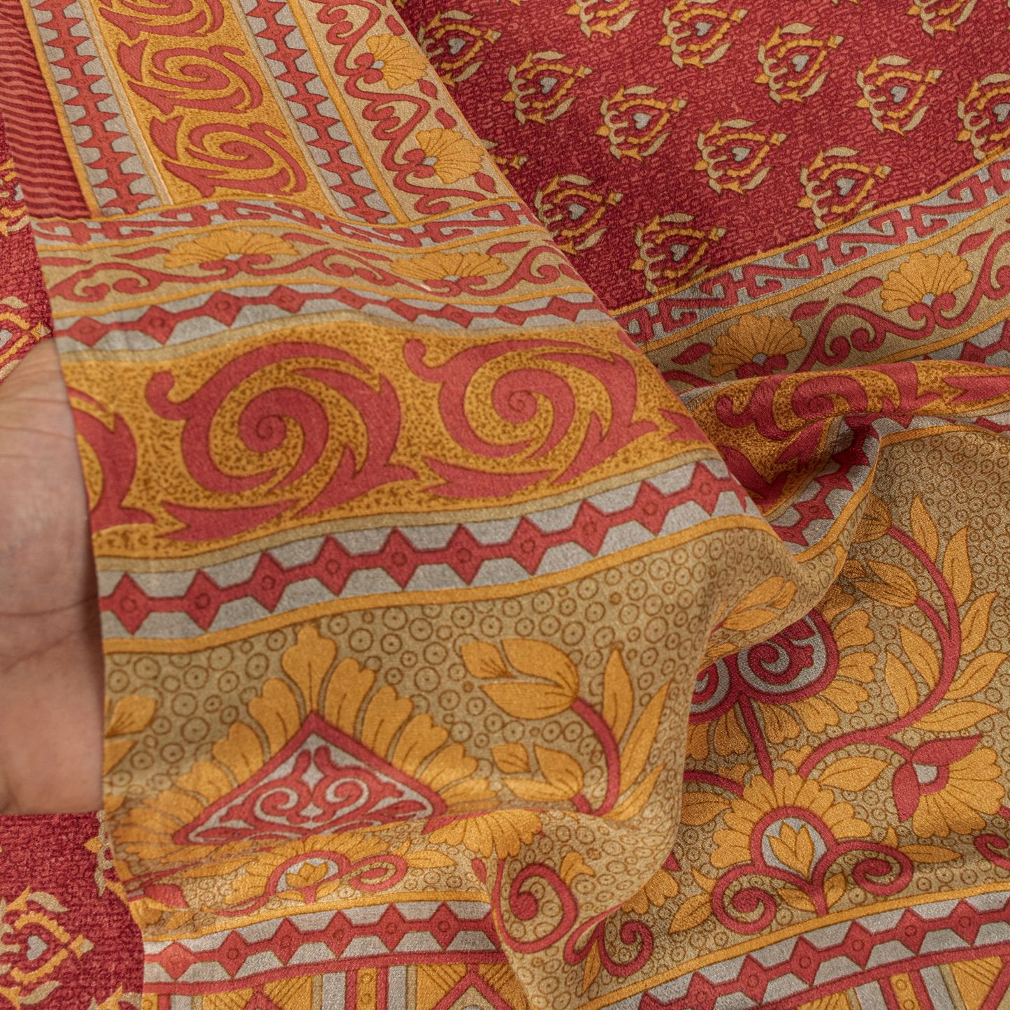 Sanskriti Vintage Saree Red Pure Crepe Floral Printed Sari 5.5+Yd Craft Fabric