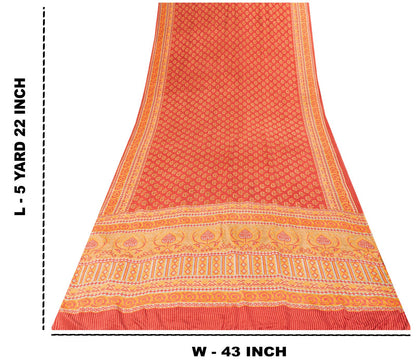 Sanskriti Vintage Saree Red Pure Crepe Floral Printed Sari 5.5+Yd Craft Fabric