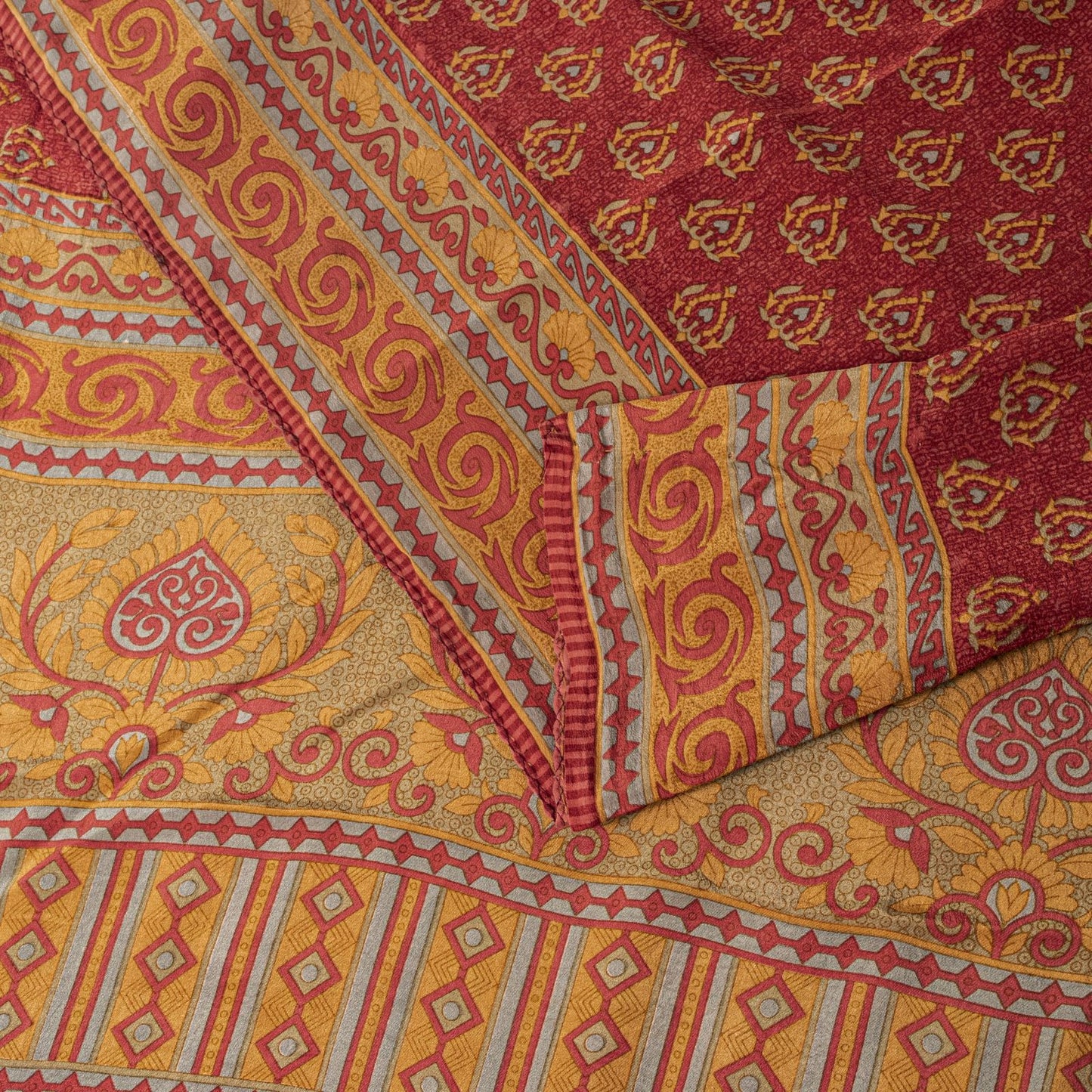 Sanskriti Vintage Saree Red Pure Crepe Floral Printed Sari 5.5+Yd Craft Fabric