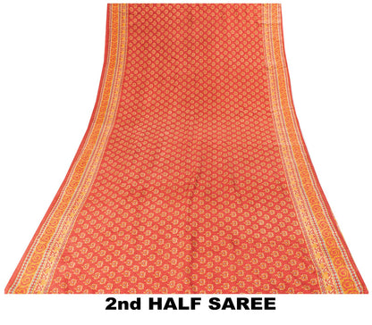 Sanskriti Vintage Saree Red Pure Crepe Floral Printed Sari 5.5+Yd Craft Fabric