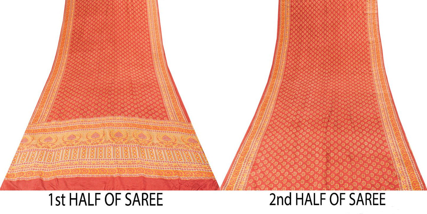 Sanskriti Vintage Saree Red Pure Crepe Floral Printed Sari 5.5+Yd Craft Fabric