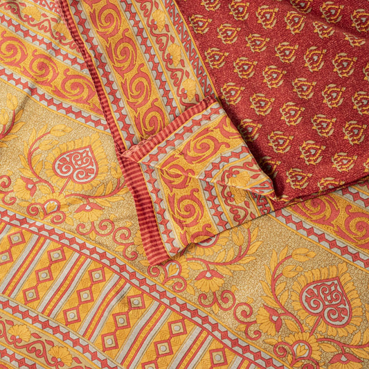 Sanskriti Vintage Saree Red Pure Crepe Floral Printed Sari 5.5+Yd Craft Fabric
