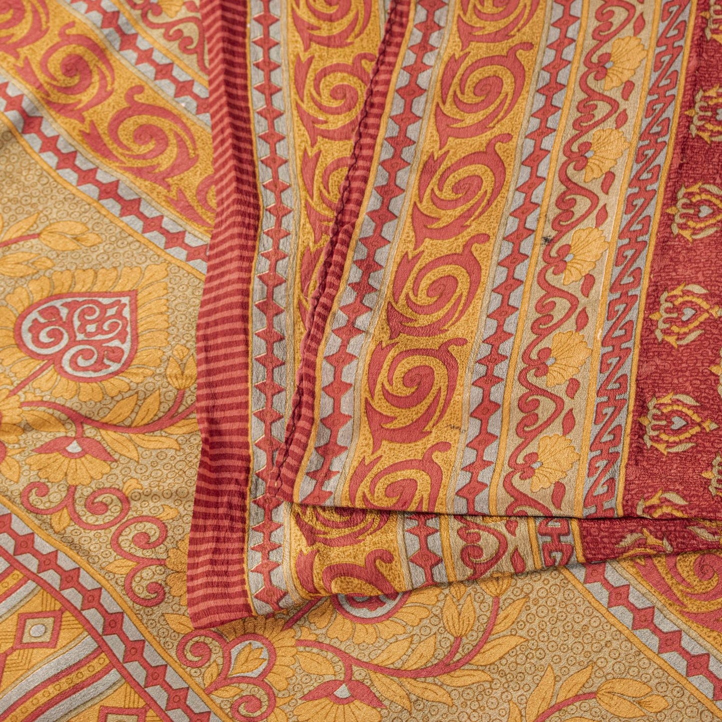 Sanskriti Vintage Saree Red Pure Crepe Floral Printed Sari 5.5+Yd Craft Fabric