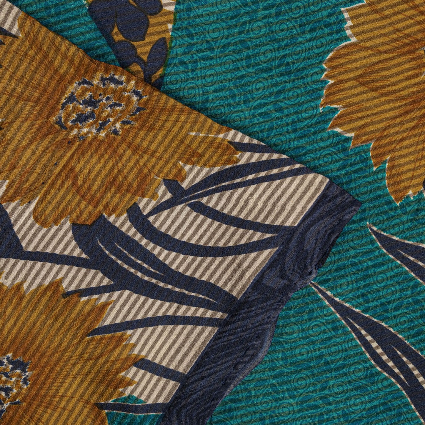 Sanskriti Vintage Saree Blue Pure Crepe Floral Printed Sari 5.5+Yd Craft Fabric