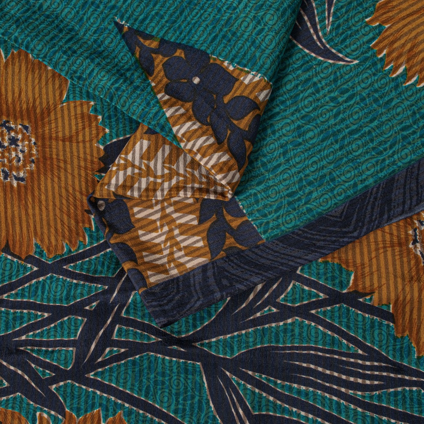 Sanskriti Vintage Saree Blue Pure Crepe Floral Printed Sari 5.5+Yd Craft Fabric