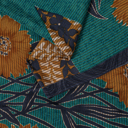 Sanskriti Vintage Saree Blue Pure Crepe Floral Printed Sari 5.5+Yd Craft Fabric