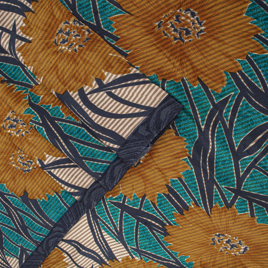 Sanskriti Vintage Saree Blue Pure Crepe Floral Printed Sari 5.5+Yd Craft Fabric