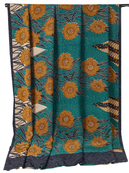 Sanskriti Vintage Saree Blue Pure Crepe Floral Printed Sari 5.5+Yd Craft Fabric