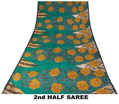 Sanskriti Vintage Saree Blue Pure Crepe Floral Printed Sari 5.5+Yd Craft Fabric