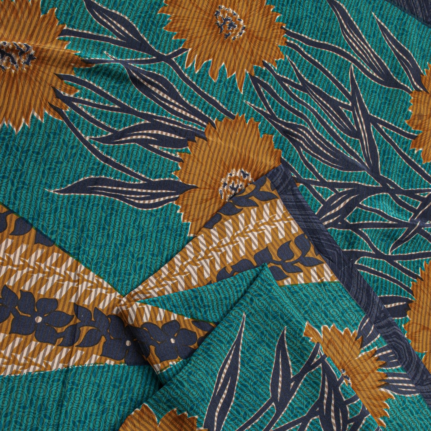 Sanskriti Vintage Saree Blue Pure Crepe Floral Printed Sari 5.5+Yd Craft Fabric