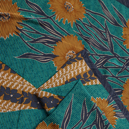 Sanskriti Vintage Saree Blue Pure Crepe Floral Printed Sari 5.5+Yd Craft Fabric