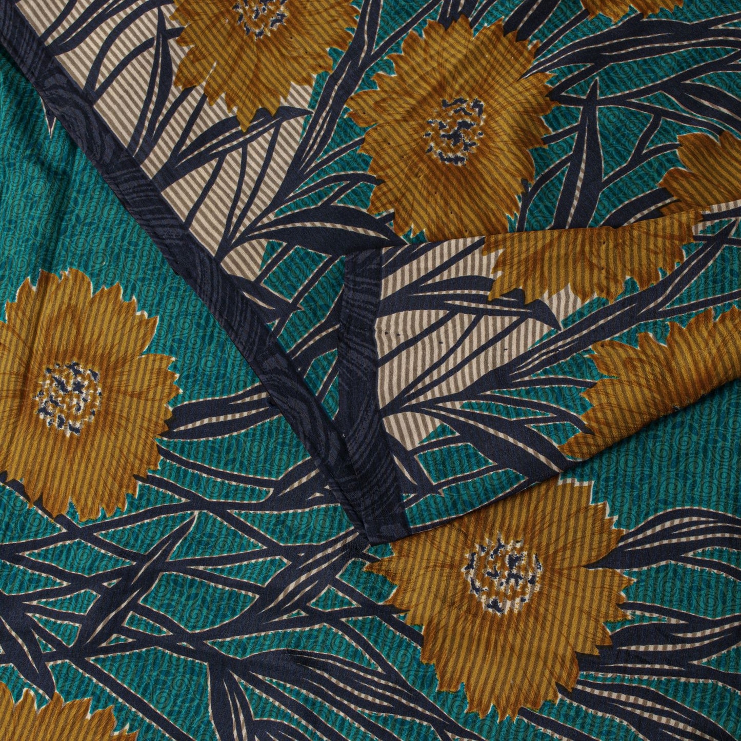 Sanskriti Vintage Saree Blue Pure Crepe Floral Printed Sari 5.5+Yd Craft Fabric