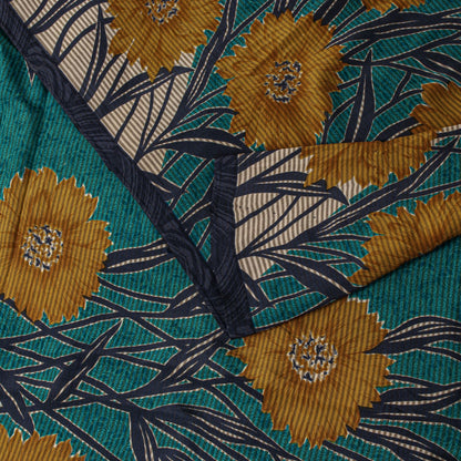 Sanskriti Vintage Saree Blue Pure Crepe Floral Printed Sari 5.5+Yd Craft Fabric